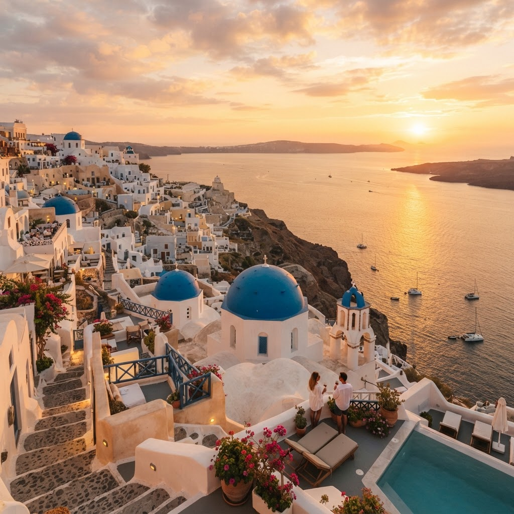 Whitewashed cliffside villages and blue domes overlooking the Aegean Sea in Santorini, Greece