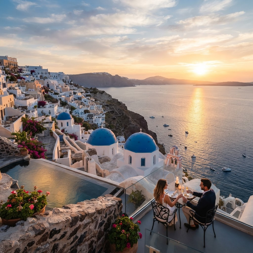 Whitewashed cliffside villages overlooking the Aegean Sea in Greece