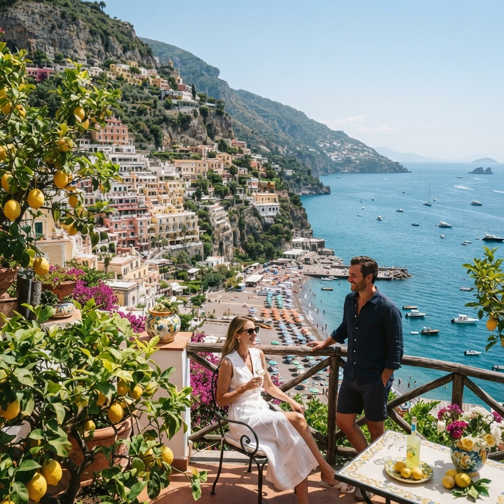 Sunlit coastal village along the Amalfi Coast in Italy