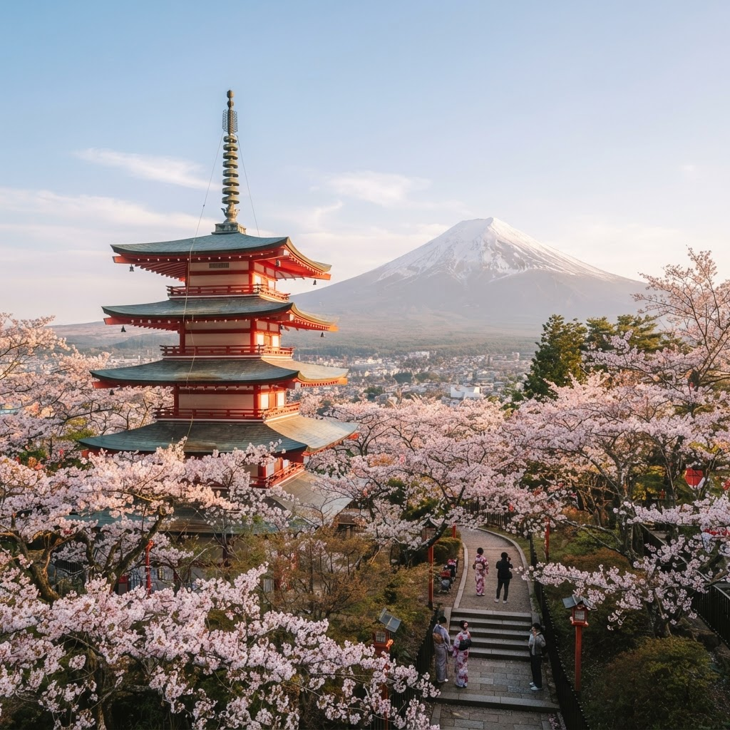 A serene temple framed by cherry blossoms in Kyoto, Japan